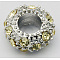 Alloy Rhinestone European Beads, Large Hole Beads, Rondelle, Platinum Metal Color, Jonquil, 11x6mm, Hole: 5mm