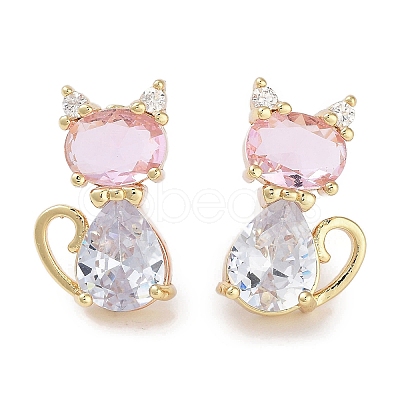 Cat Shape Brass Micro Pave Cubic Zirconia Stud Earrings for Women EJEW-E310-03G-1