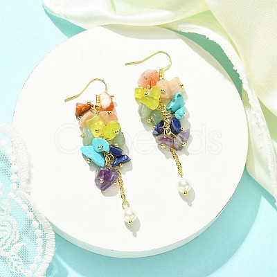 Natural & Synthetic Mixed Gemstone Chips & Shell Pearl Dangle Earrings EJEW-TA00274-1