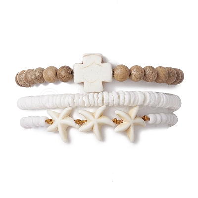 3Pcs 3 Styles Cross Round Wood & Disc Sea Shell Beaded Stretch Bracelet Sets BJEW-JB10312-1