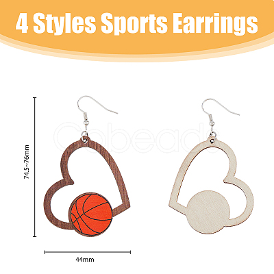 FIBLOOM 4 Pairs 4 Styles Sport Theme Wood Heart Dangle Earrings for Women EJEW-FI0001-55-1