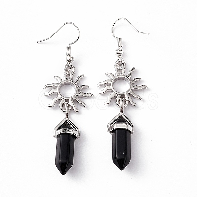 Natural Obsidian Bullet with Sun Dangle Earrings EJEW-I276-01P-10-1