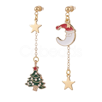 Christmas Tree & Moon Alloy Enamel Dangle Stud Earrings EJEW-TA00096-1