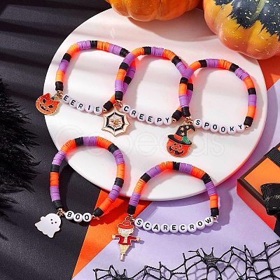 Pumpkin & Spider Web Alloy Enamel Charm Bracelets BJEW-JB10886-1