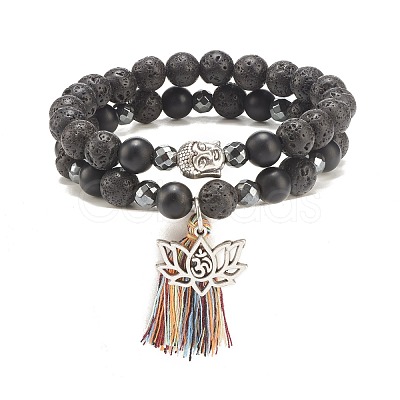 2Pcs 2 Style Natural Lava Rock & Synthetic Hematite Stretch Bracelets with Alloy Lotus & Buddha Head BJEW-JB08026-1