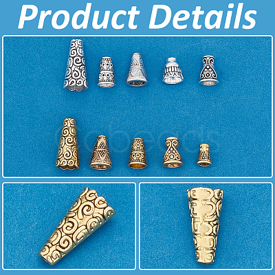 PandaHall Elite 100Pcs 10 Style Tibetan Style Alloy Bead Cones FIND-PH0018-47-1