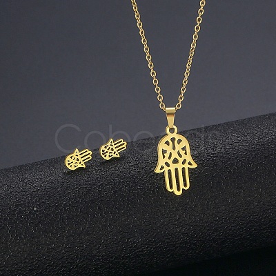 304 Stainless Steel Hamsa Hand Stud Earrings and Pendant Necklace AJEW-B019-05-1