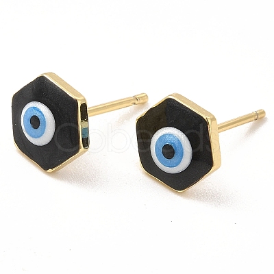 Enamel Hexagon with Evil Eye Stud Earrings EJEW-E274-03G-02-1