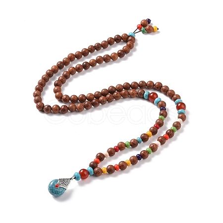 Wood & Natural Carnelian & Synthetic Turquoise Beaded Necklaces NJEW-JN04136-1