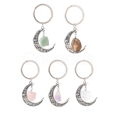 Alloy Hollow Moon Charm Keychains with Natural Gemstone Nuggets Charm KEYC-JKC00423-1