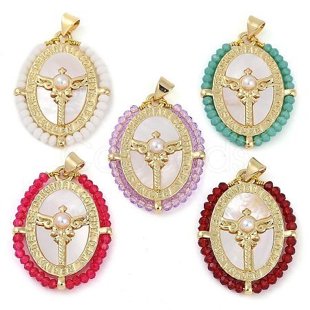 Rack Plating Brass Pave Shell Blessed Virgin Mary Oval Pendants KK-U032-04G-1