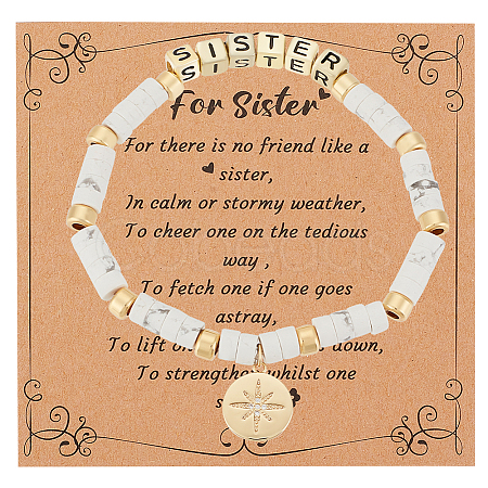 Olycraft Word Sister Synthetic Howlite & Brass Beaded Stretch Bracelet BJEW-OC0001-14-1