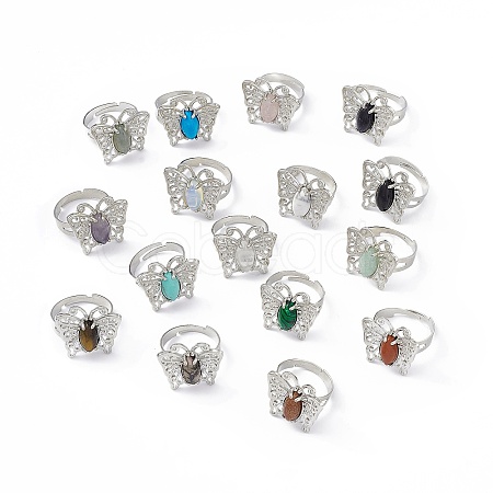 Gemstone Butterfly Adjustable Ring RJEW-H133-02-1