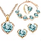 Glass Heart Jewelry Set, Light Gold Alloy Pendant Necklace & Chain Bracelet & Stud Earrings & Adjustable Ring, Cyan, 450mm, 11x12mm, Inner Diameter: 17mm, 230mm