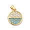 Brass Micro Pave Cubic Zirconia Pendants, Cadmium Free & Lead Free, Long-Lasting Plated, Flat Round, Real 18K Gold Plated, Light Sky Blue, 17.5x15x2mm, Hole: 3.5x3mm