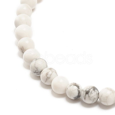 Natural Howlite Round Beaded Stretch Bracelet with Leaf Charm BJEW-JB07587-01-1