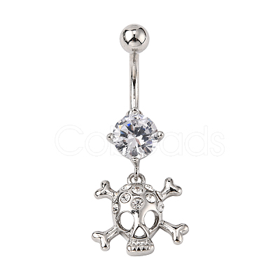 Piercing Jewelry Real Platinum Plated Brass Rhinestone Pirate Style Skull Navel Ring Belly Rings AJEW-EE0001-28-1