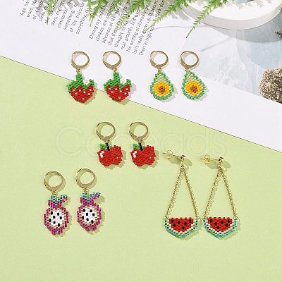 5 Pairs 5 Styles Handmade Japanese Seed Braided Fruit Dangle Leverback Earrings & Stud Earrings EJEW-MZ00022-1