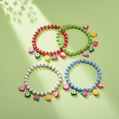 Polymer Clay & Plastic Beaded Stretch Bracelet with Fruit Charms for Women BJEW-JB08706-1