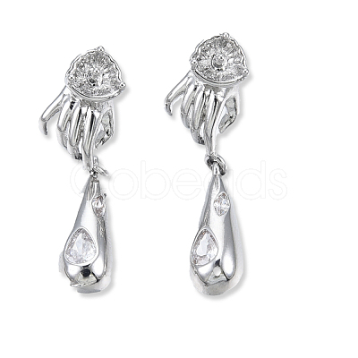 Brass Pave Clear Cubic Zirconia Hand with Teardrop Dangle Stud Earring Findings KK-N232-477P-B-1