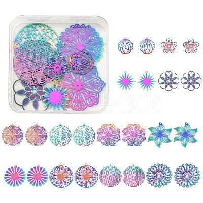 24Pcs 12 Style Ion Plating(IP) 201 Stainless Steel Filigree Pendants STAS-SZ0002-16-1