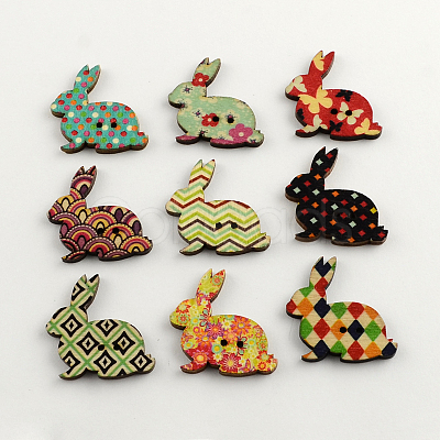 2-Hole Bunny Printed Wooden Buttons BUTT-R031-194-1