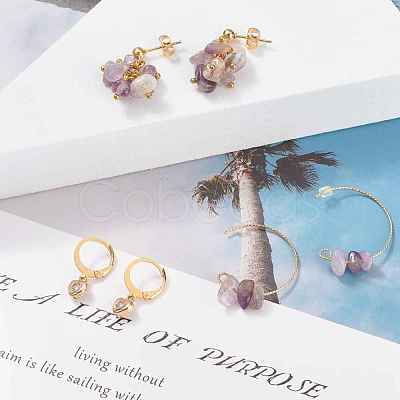 3 Pairs 3 Style Natural Amethyst Chips Beaded Cluster Dangle Stud & Leverback Earrings EJEW-JE04895-04-1