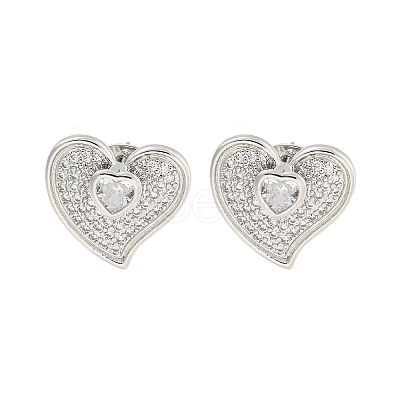 Heart Brass Pave Clear Cubic Zirconia Stud Earrings EJEW-M258-32P-1