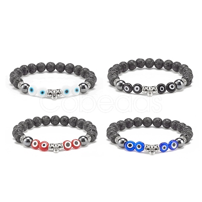 Natural Lava Rock & Synthetic Hematite Stretch Bracelet with Lampwork Evil Eye Beaded BJEW-JB08308-1