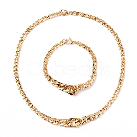 Men's Vacuum Plating 304 Stainless Steel Graduated Cuban Link Chain Necklaces & Bracelets Jewelry Sets SJEW-I207-01G-1