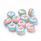 Resin European Beads, Large Hole Beads, with Silver Plated Brass Double Cores, Stripe, Rondelle, Pink, 14x8~8.5mm, Hole: 5mm