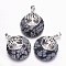 Natural Snowflake Obsidian Pendants, with Platinum Tone Brass Findings, Flat Round with Tree of Life, 32.5~33x27.5~28x5~6mm, Hole: 5x7mm