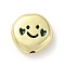 Alloy Enamel Beads, Flat Round with Smiling Face Pattern Beads, Golden, Dark Green, 12x12x4mm, Hole: 1.5mm