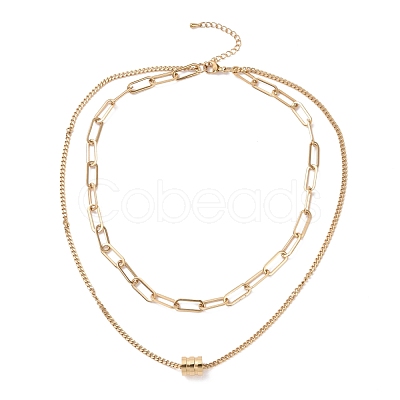 PVD Vacuum Plating 304 Stainless Steel Double Chains Multi Layered Necklace with Column Beaded for Women STAS-E155-11G-1