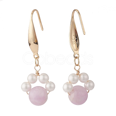 Round Natural Kunzite & Shell Pearl Beads Dangle Earring EJEW-TA00038-02-1