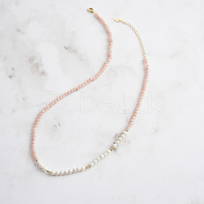 Faceted Round Natural Pink Opal & Shell Pearl Beaded Necklaces NJEW-L125-005G-02-1