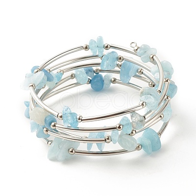 5-Loop Natural Aquamarine Chip Beaded Wrap Bracelets for Women BJEW-JB01517-03-1