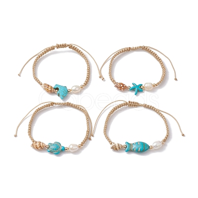 Natural Shell & Pearl & Synthetic Turquoise Braided Bead Bracelets BJEW-JB09914-1