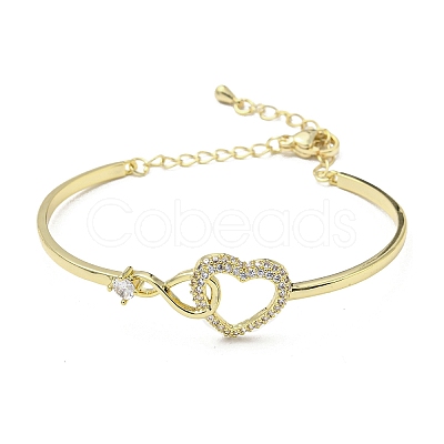 Infinity Heart Brass with Clear Cubic Zirconia Cuff Bangle with Safety Chains BJEW-L683-02G-1