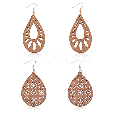 ANATTASOUL 2 Pairs 2 Style Natural Wood Hollow Out Teardrop Dangle Earrings EJEW-AN0001-54-1