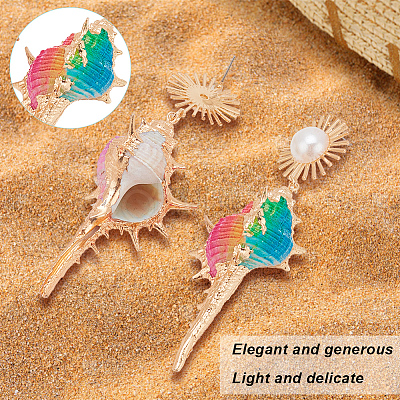 ANATTASOUL 3 Pairs 3 Colors Golden Alloy Sun with Shell Shape Dangle Stud Earrings EJEW-AN0004-40-1