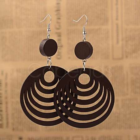 Elegant Fashion Flat Round Wood Dangle Earrings EJEW-I183-01-1