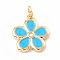 Brass Enamel Pendants, with Jump Rings, Cadmium Free & Lead Free, Long-Lasting Plated, Real 18K Gold Plated, Flower, Deep Sky Blue, 14x12.5x2mm, Hole: 3mm