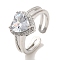 Brass Micro Pave Cubic Zirconia Rings for Women, Long-Lasting Plated, Heart, Platinum, Adjustable