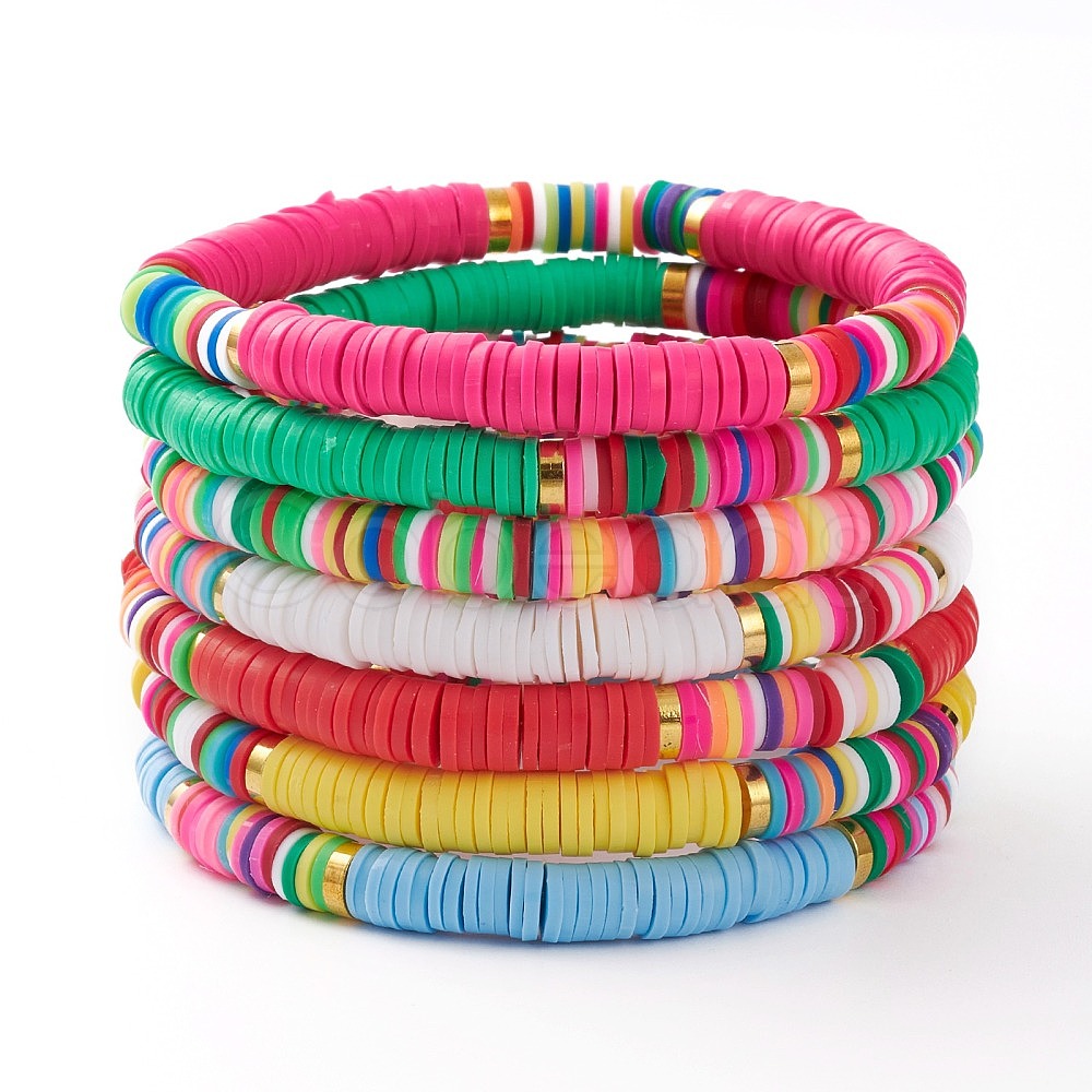 Cheap 7Pcs Rainbow Polymer Clay Heishi Beads Stretch Bracelets Set ...