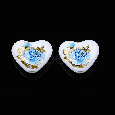 Flower Printed Opaque Acrylic Heart Beads SACR-S305-28-F02-1