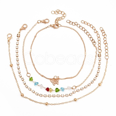 4Pcs 4 Style Alloy Chain Anklets Set with Heart Beaded and Butterfly Charm SJEW-D009-02KCG-1