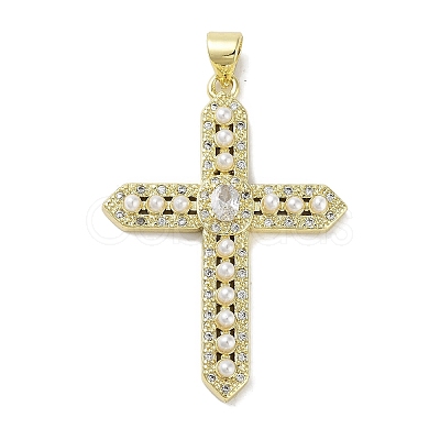 Rack Plating Brass Micro Pave Cubic Zirconia & Imitation Pearl Pendants KK-R163-02G-01-1