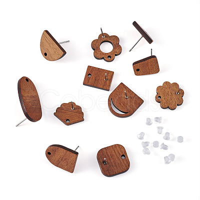 Fashewelry 22Pairs 11 Style Walnut Wood Stud Earring Findings MAK-FW0001-01-1