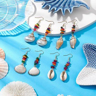 Dyed Shell & Electroplated Conch Shell Dangle Earrings EJEW-JE06061-1